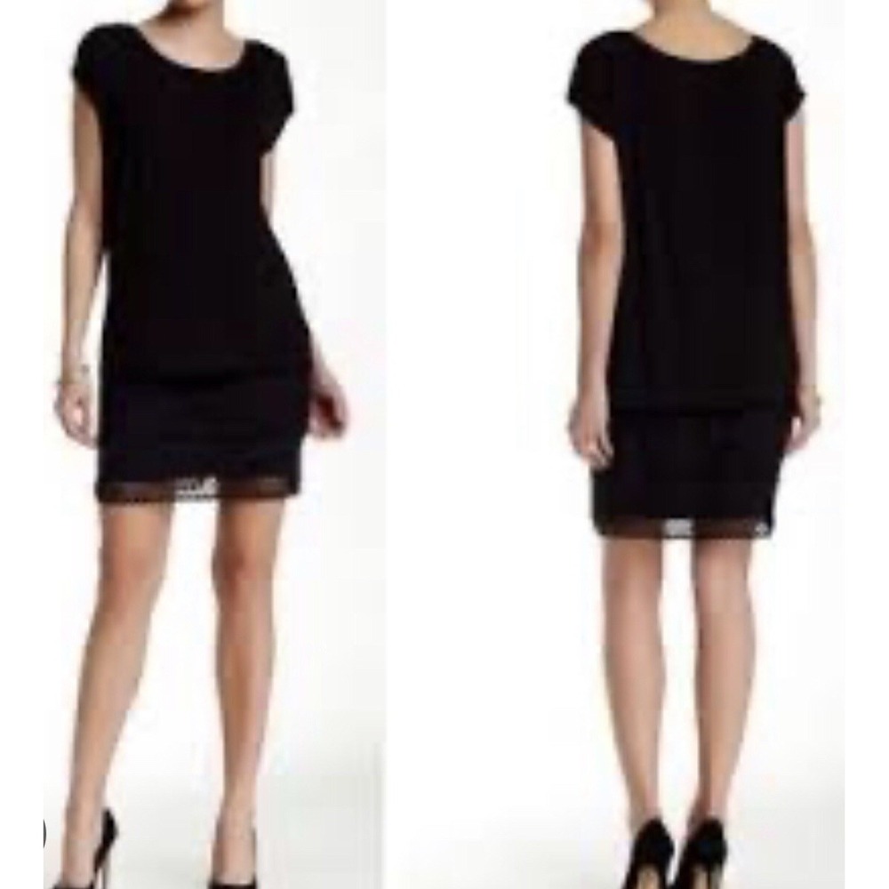 BAILEY 44 T Shirt Dress L Black Lace Embroidered Trim Overlay Top Raw Hem Sleeve